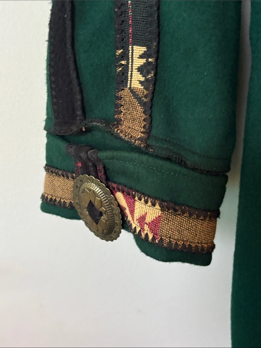 Coloratura Wool Green Patterned Jacket w Tribal Patch Pockets Small / Medium
